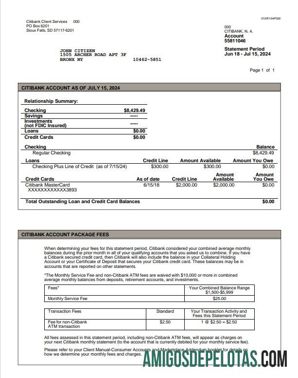 USA Citibank Statement Word And PDF examplo, Version 3 amostra